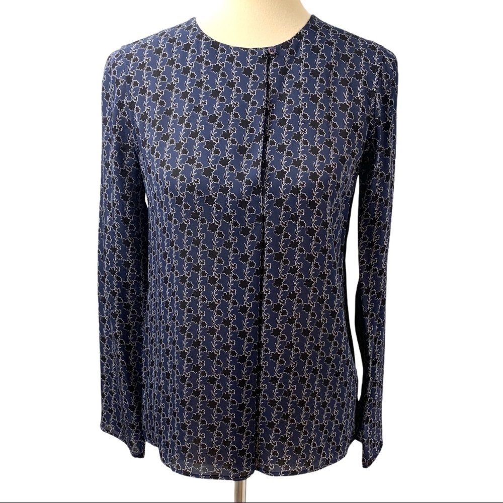 Theory Silk Split Neck Print Popover Long Sleeve Career Business Top Small - Picture 3 of 11